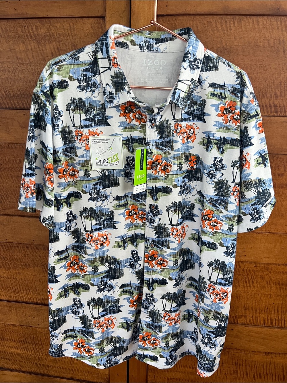 🐊Izod Golf Z-Series Swingflex Stretch Button-Down Orange Floral Print UPF-15